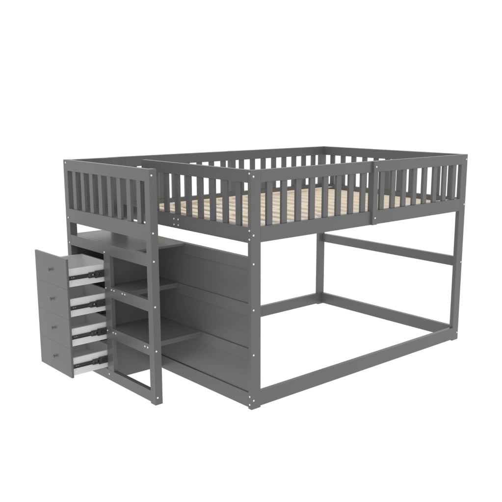 Letto a castello basso 140 x 200 cm grigio con scala e cassetti