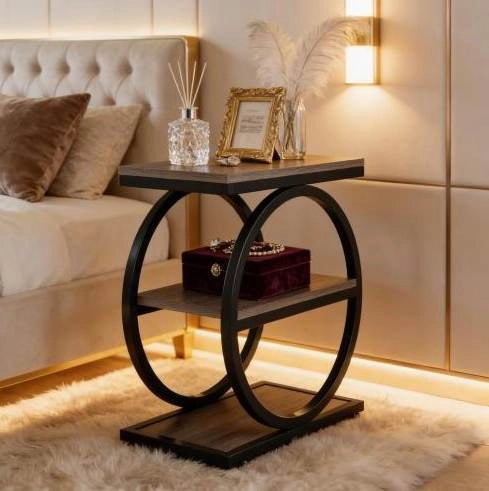 Tavolino industriale 60x30x65 cm MDF e metallo nero， 3 ripiani