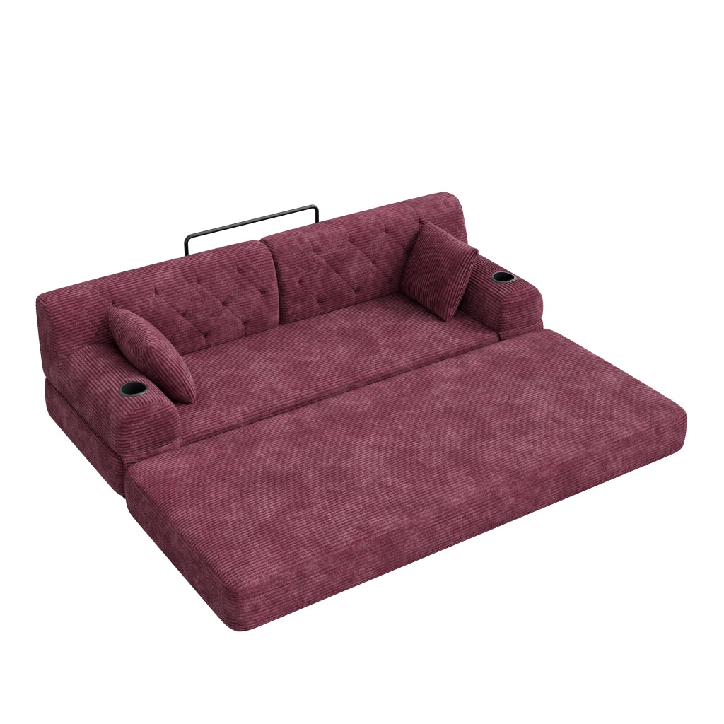 Divano letto 3 posti con schienale alto e tasche laterali in corduroy rosso vino