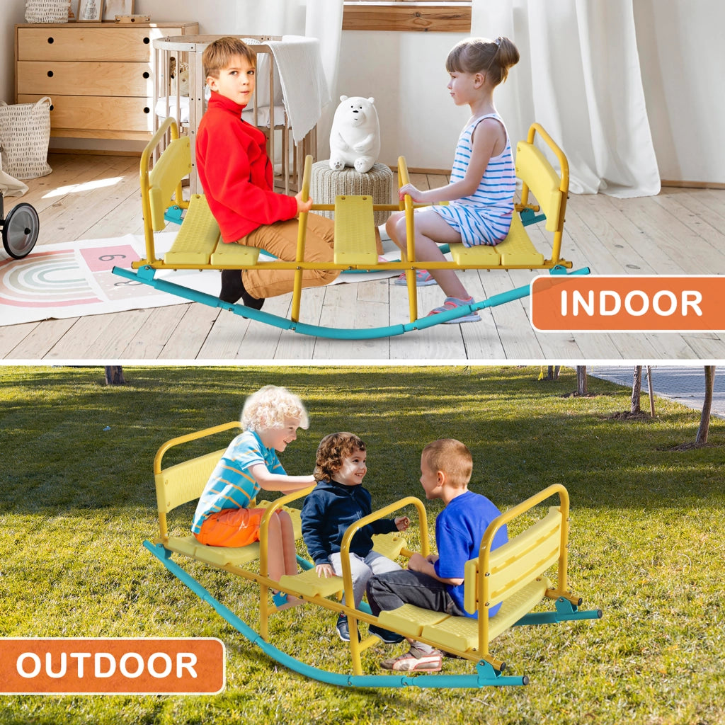 Bilico a tre posti per bambini con struttura in metallo rinforzato e sedute comode blu e giallo per interno e giardino