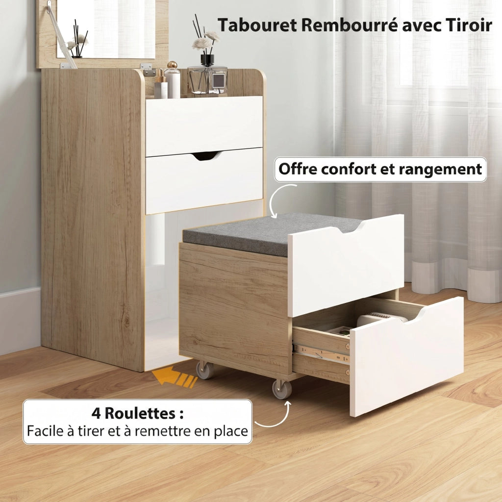 Coiffeuse avec Miroir et Tabouret 3 en 1 2 tiroirs Chêne et Blanc