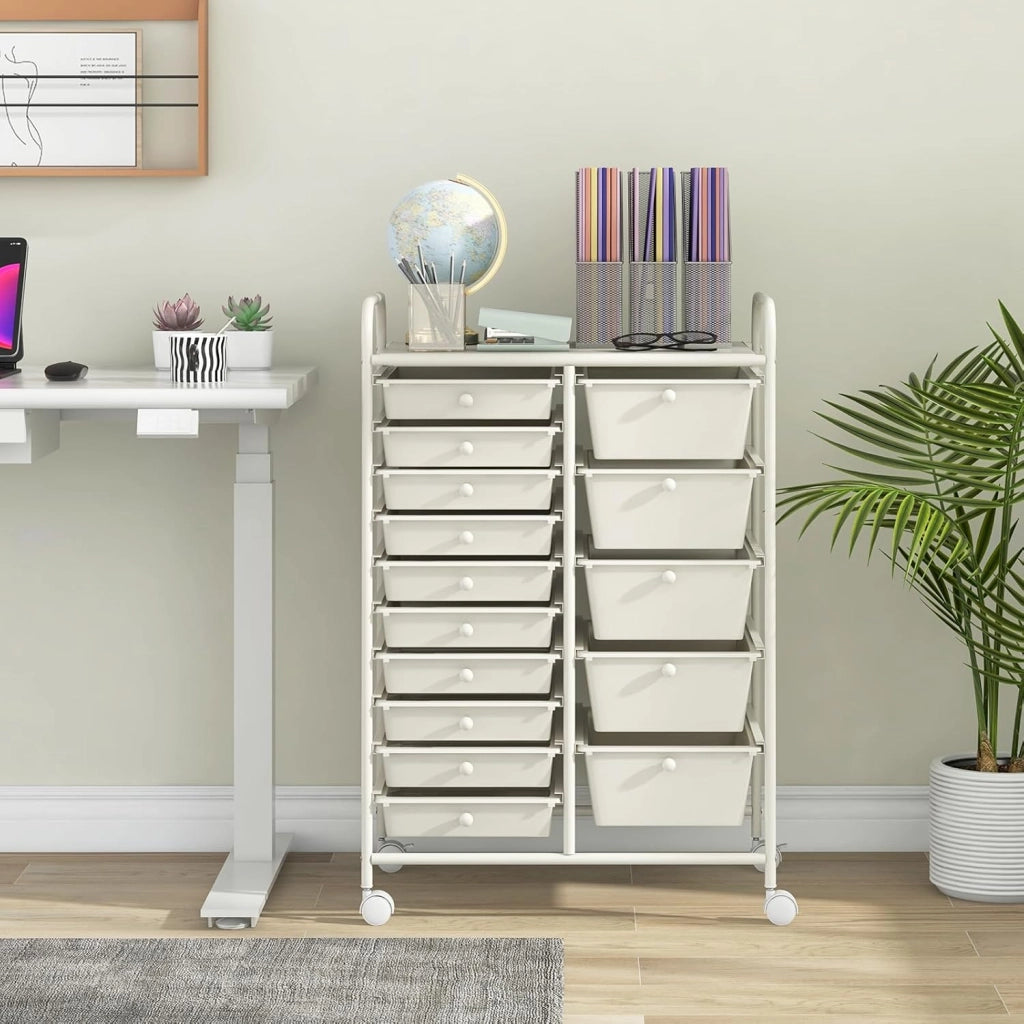 Carrello con 15 Cassetti Impilabili, Carrello di Stoccaggio con Ruote, Carello Portaoggetti per Casa e Ufficio, 62,5 x 37 x 87 cm (Bianco)