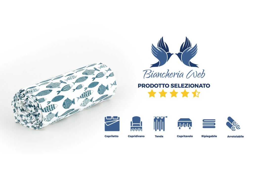 Telo Arredo Granfoulard Copritutto Cotone Made Italy Vari Disegni Arredatutto Copriletto Multiuso - 2 Piazze - Pesci Ottanio