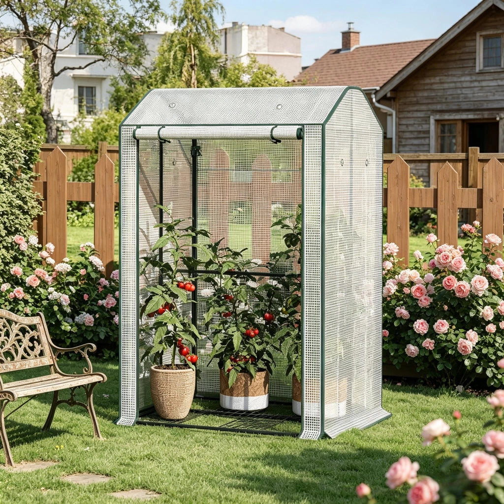 Serra a tunnel in PE 140 g/m² con porta frontale arrotolabile e 6 fori di ventilazione, bianca 100 × 83 × 150 cm