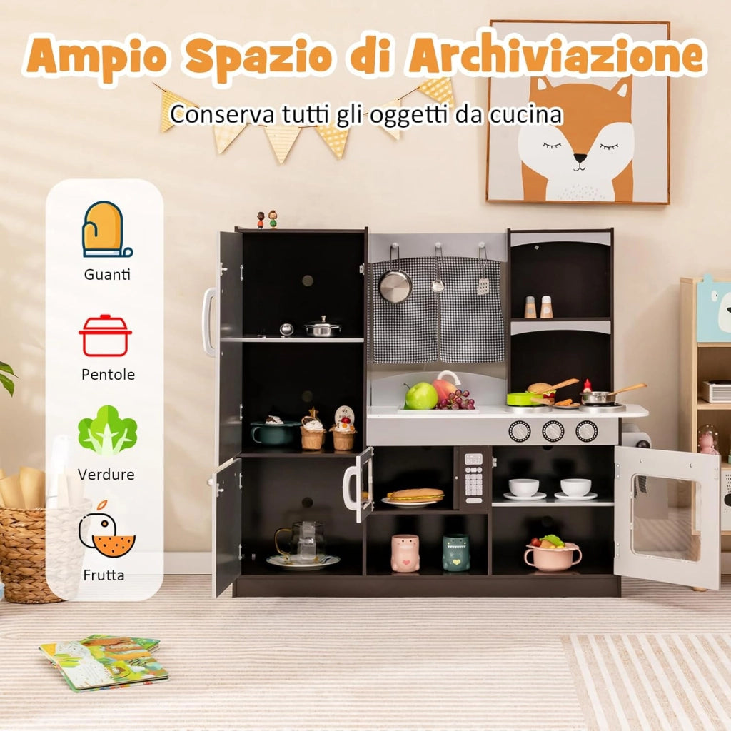 Cucina Giocattolo in Legno per Bambini con Frigorifero, Forno, Microonde, Rubinetto, Lavello e Tenda - per 3+ Anni