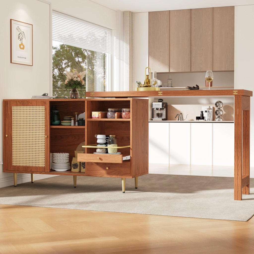 Mobile Bar con Anta in Rattan; Cassetto e Ripiani Aperti; Piano Girevole ed Estensibile; in MDF; 107 x 40 x 71;4 cm