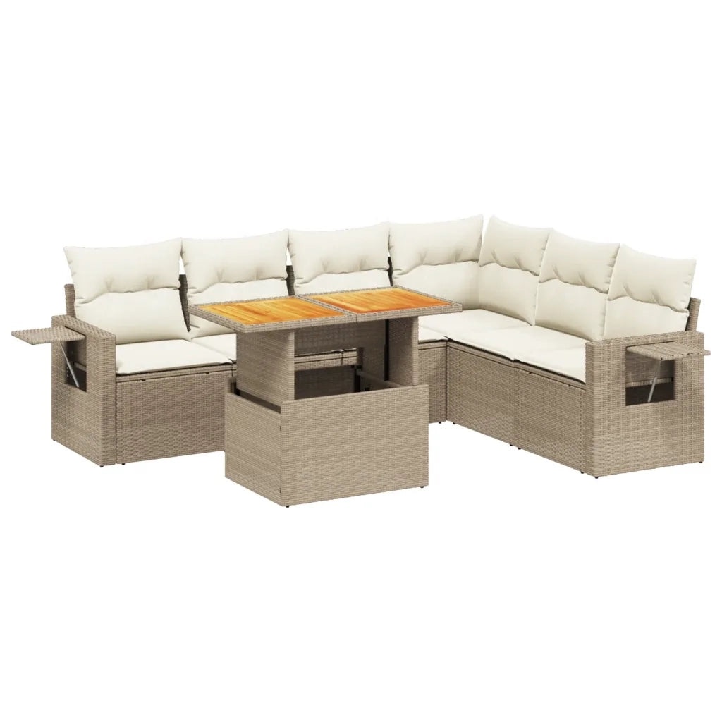 Set Divani da Giardino 7 pz con Cuscini Beige in Polyrattan