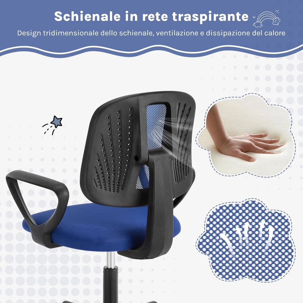 Sedia da Scrivania per Bambini, Sedia da Studio Girevole, Sedie Ergonomica con Ruote, Tessuto a Rete Traspirante, Sgabello Girevole con Schienale Regolabile Automaticamente, Blu, K0005BS