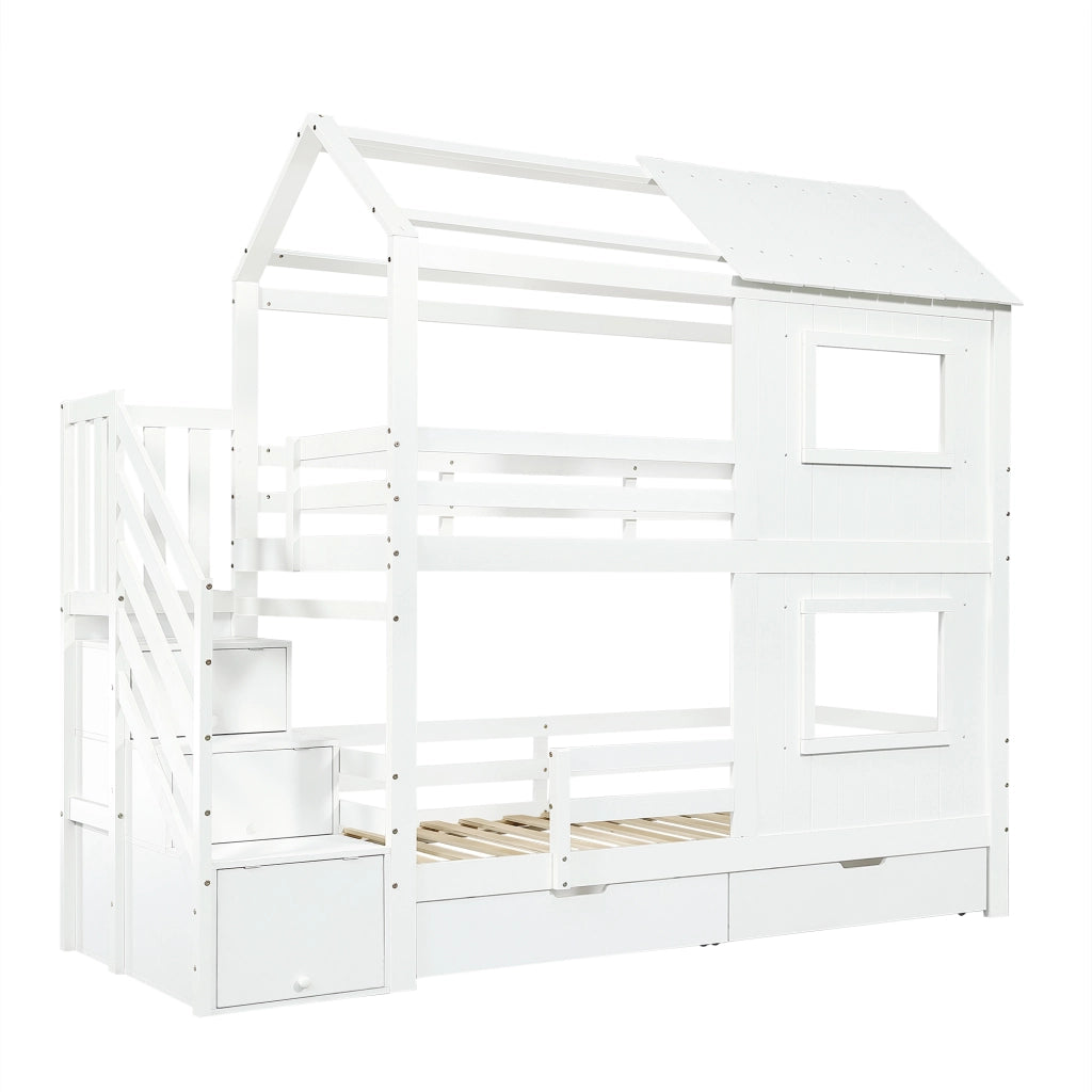 Letto a castello per bambini - Zephmum- 90x200cm- Bianco- Con scala armadio, cassetti e tetto