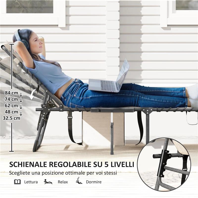 SDRAIO PIEGHEVOLE E RECLINABILE A 5 LIVELLI CON TAVOLINO LATERALE E TASCA 60X190X31 CM CREMA