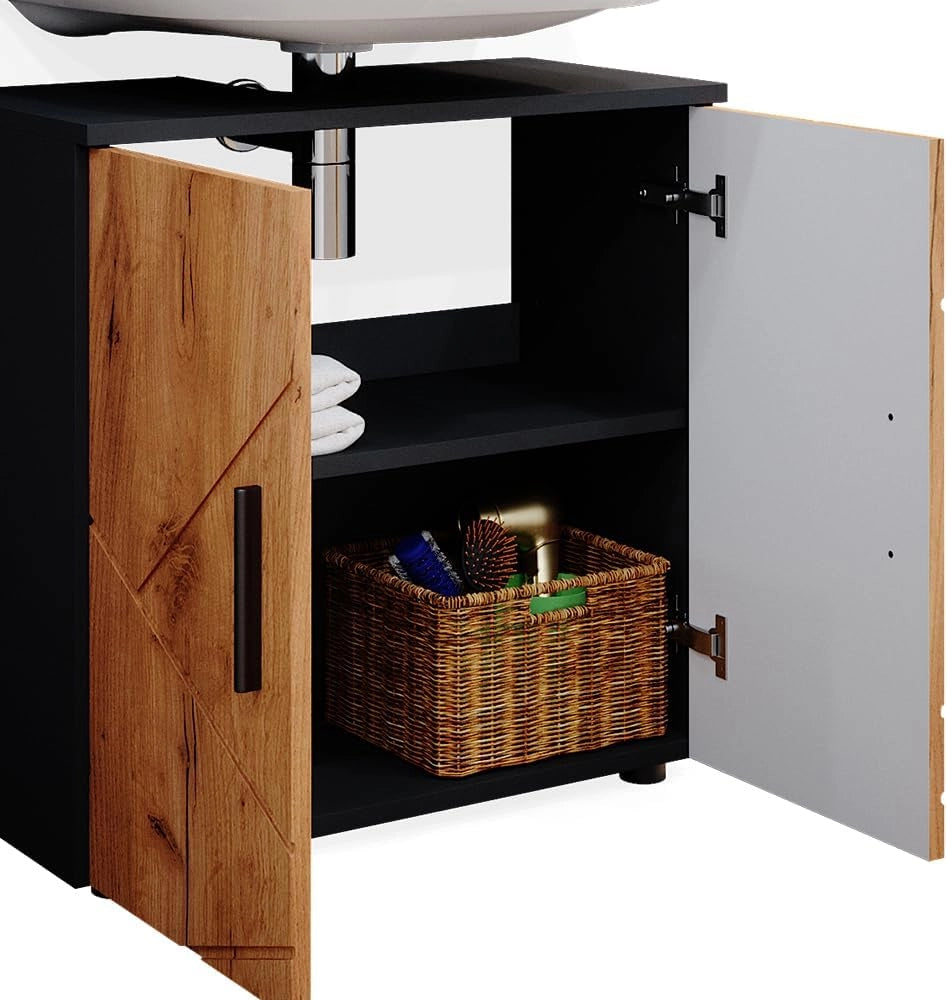 Set mobili bagno Irma, Quercia dorata/antracite, 80 cm, composto da mobile lavabo, pensile a specchio, colonna e base media