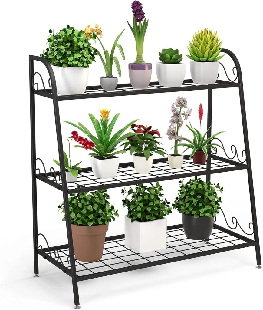 Scaffale Piante da Interno ed Esterno, Porta Fiori di Metallo a 3 Livelli con Piedini Regolabili, Porta Vasi per Giardino, Balcone e Soggiorno, 81 x 35 x 82 cm