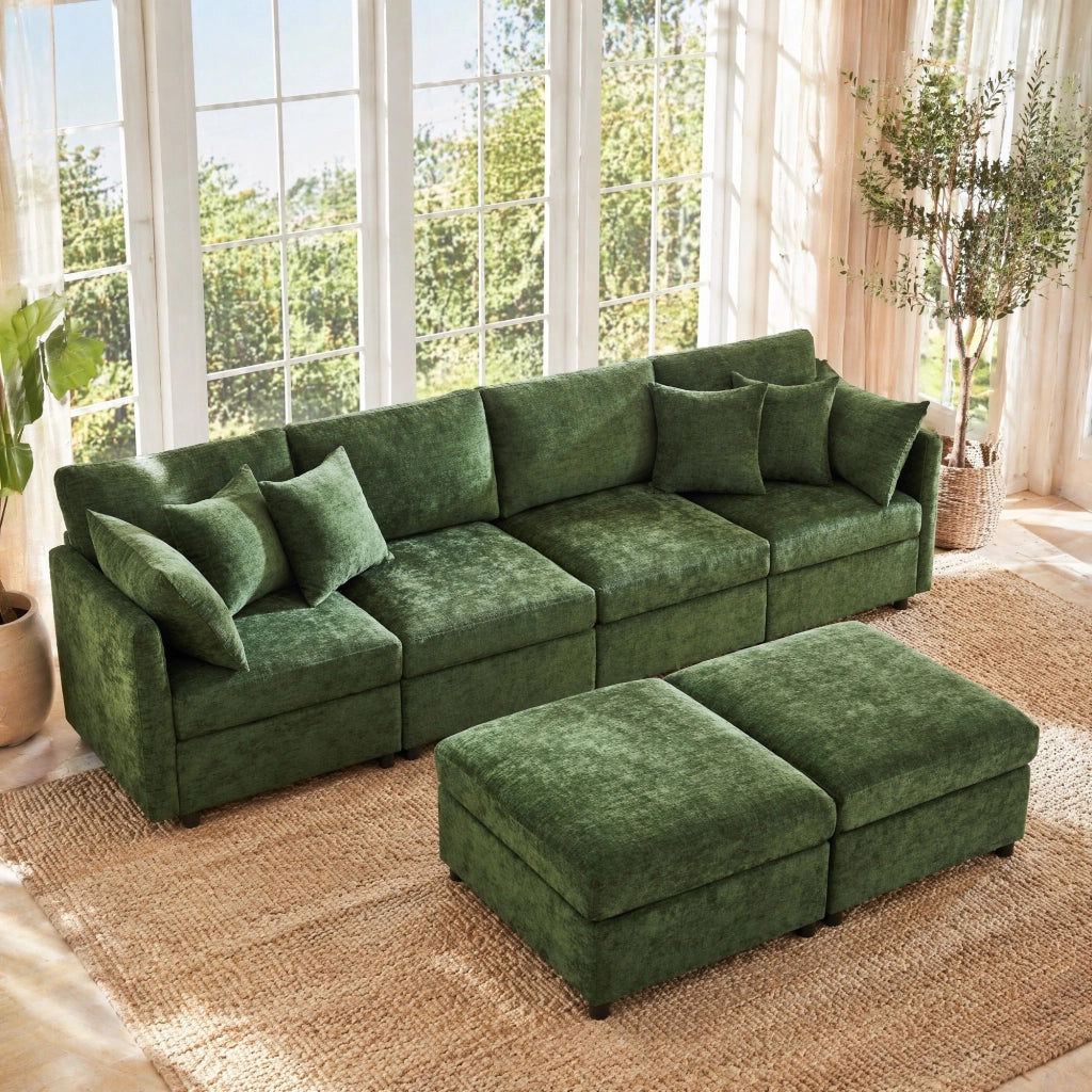 Divano modulare 4-6 posti in chenille verde con 2 pouf e 6 cuscini; 278x161x81 cm