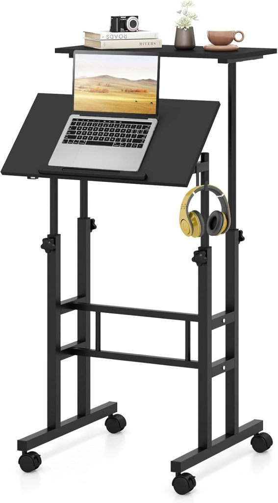 Scrivania regolabile in altezza, scrivania per computer, scrivania da disegno con ruote, scrivania mobile con 2 workstation separate, tavolo da lavoro per PC (bianco)