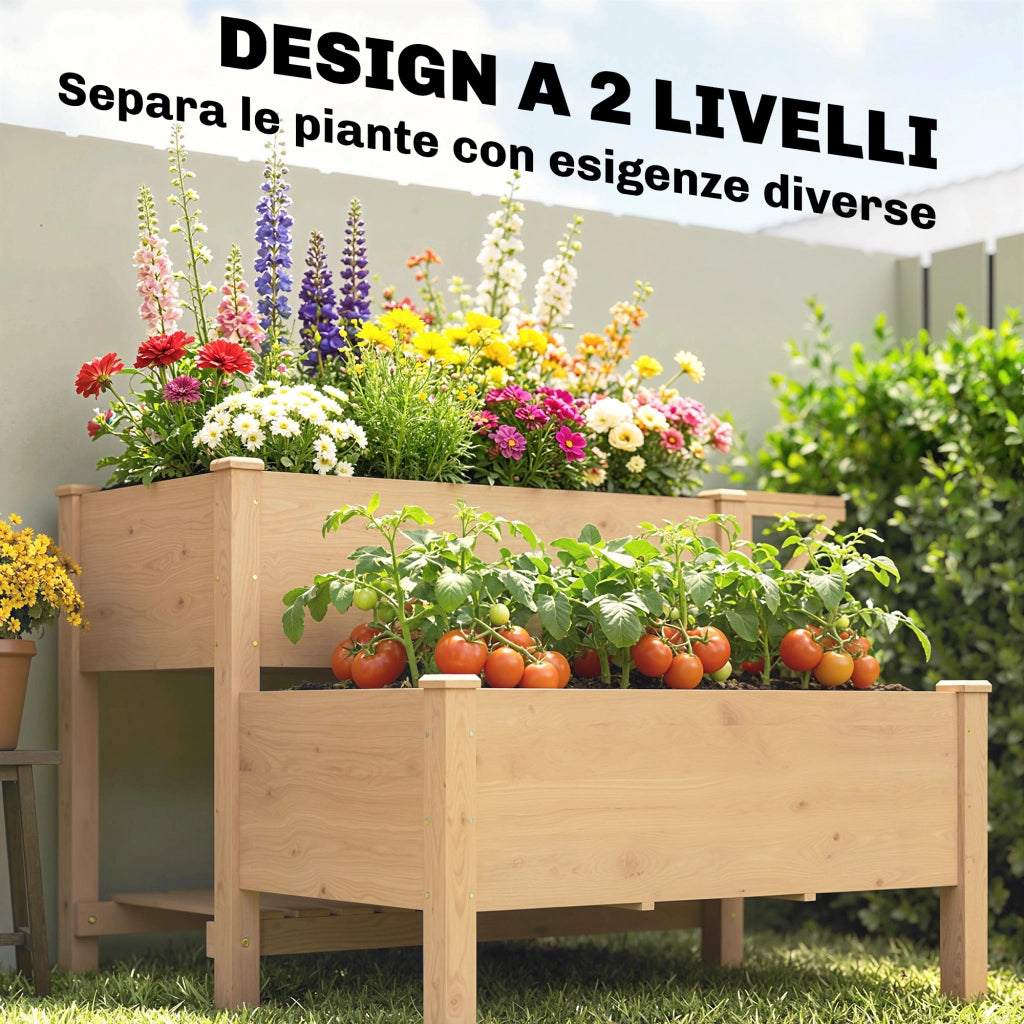 Letto per Orto Rialzato a 2 Livelli con Ripiani in Legno, 119.5x102x76.5cm, Marrone