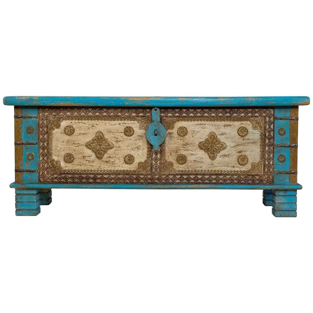 Baule in legno blu fatto a mano 115x40x45h cm