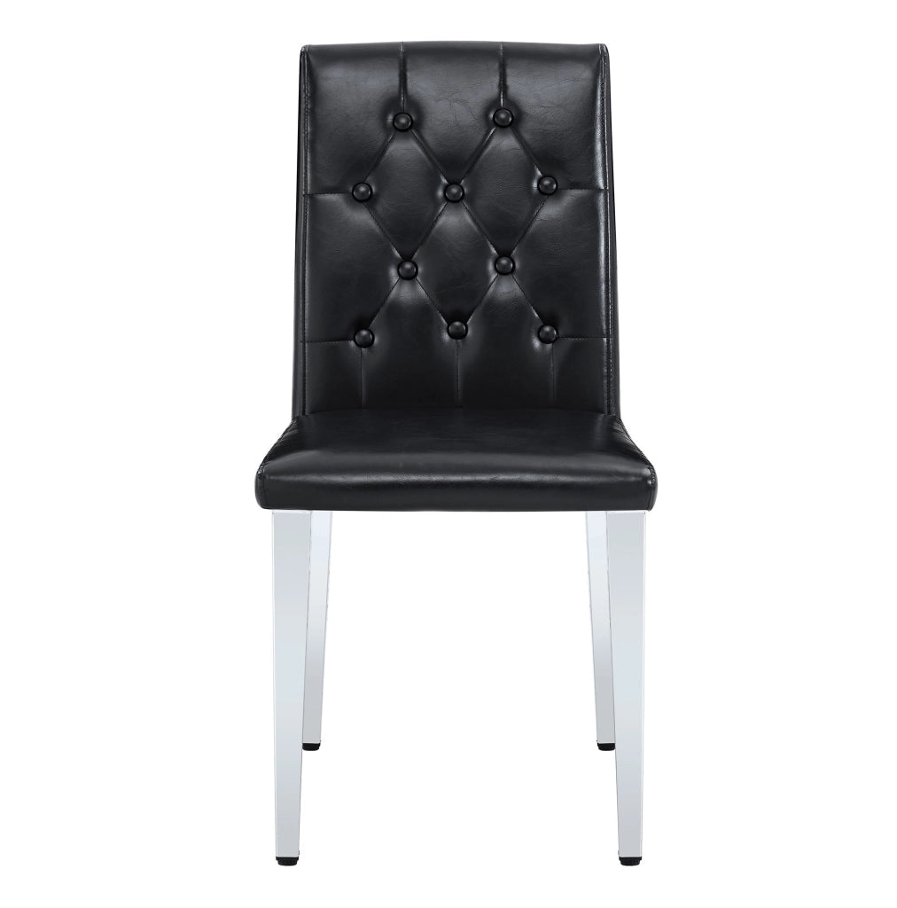 Set 4 sedie da pranzo nere in PU con schienale trapuntato; gambe in metallo argento lucido