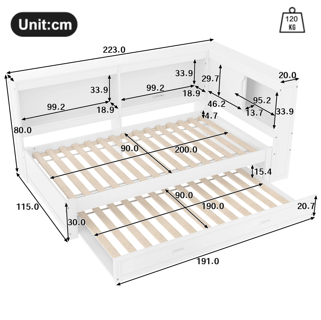 Divano letto estraibile 90x200 cm con LED, USB e presa, bianco