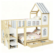 Letto a Castello 90x200 cm; Letto 2 Posti - Casetta con Finestre; Scala contenitore - Bianco
