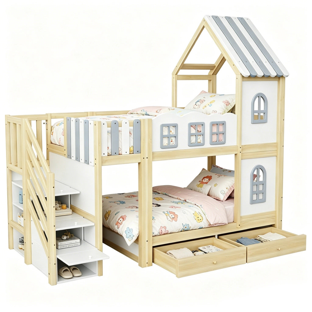 Letto a Castello 90x200 cm; Letto 2 Posti - Casetta con Finestre; Scala contenitore - Bianco
