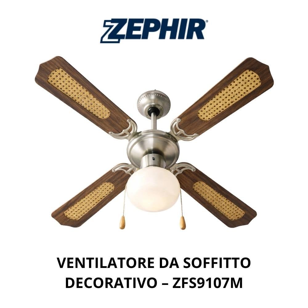 Ventilatore a soffitto zephir zfs9107 con luce e 4 pale, 3 velocità *** colore marrone, confezione 1