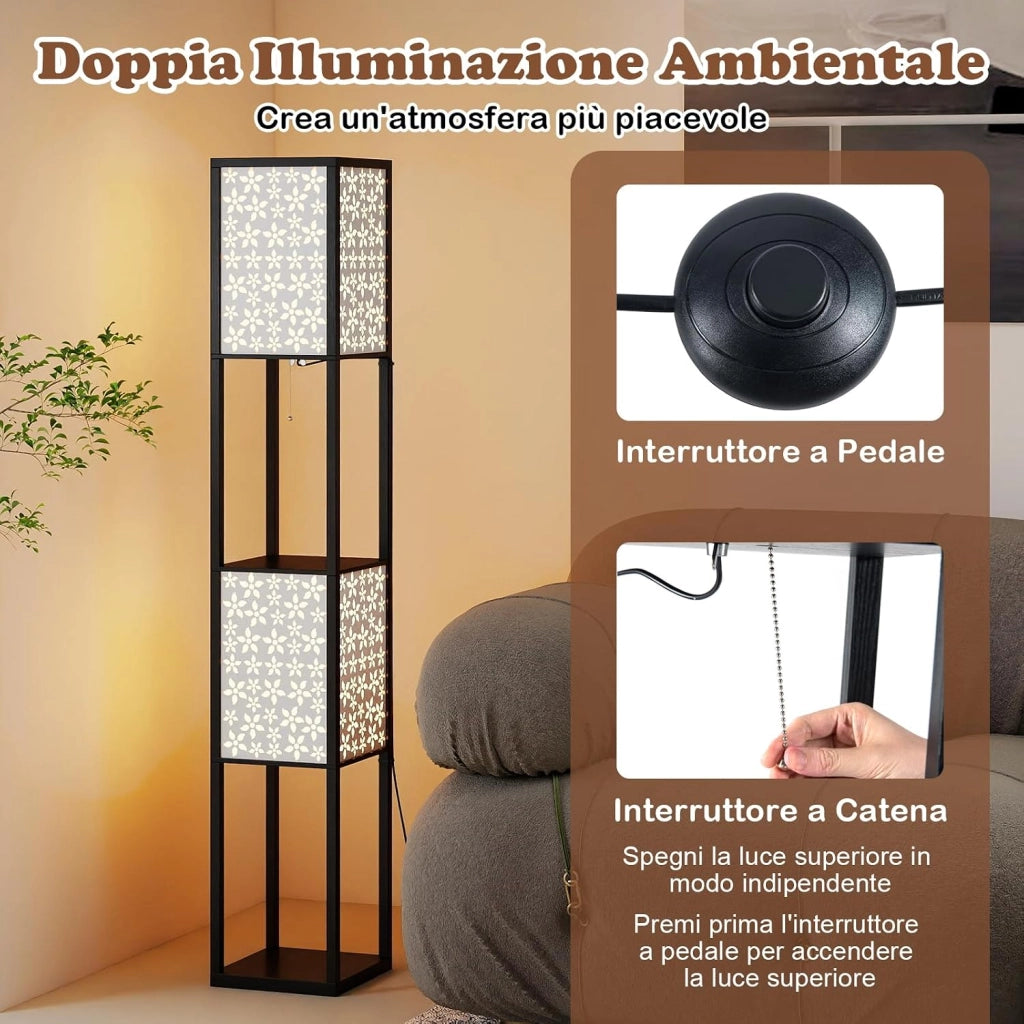 Lampada da Terra a 2 Luci con Mensole, Lampada a Stelo con 2 Paralumi Traforati, Catena a Strappo e Interruttore a Pedale, Richiede Lampadine E27, per Salotto e Camera da Letto (Fiori)