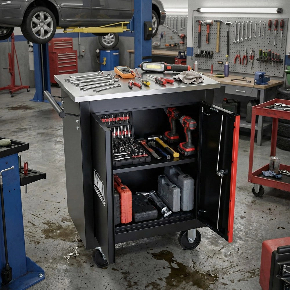 Carrello Porta Utensili Multifunzione a 2 Ante ¨C MINIMAL ¨C Nero e Rosso