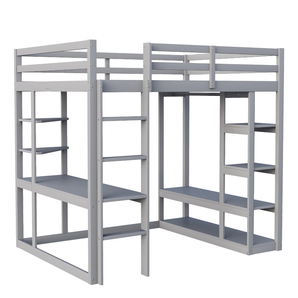Letto a Soppalco con Scrivania e Ripiani ¨C MINIMAL ¨C Legno Massello Grigio 140x200
