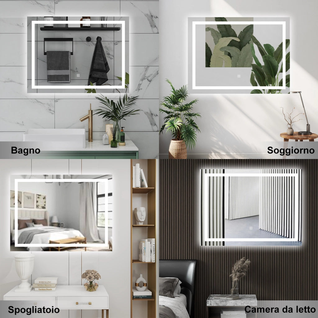 AICA Specchio da bagno  100 x 60 cm, dimmerabile, interruttore touch, Funzione Memoria, antiappannamento
