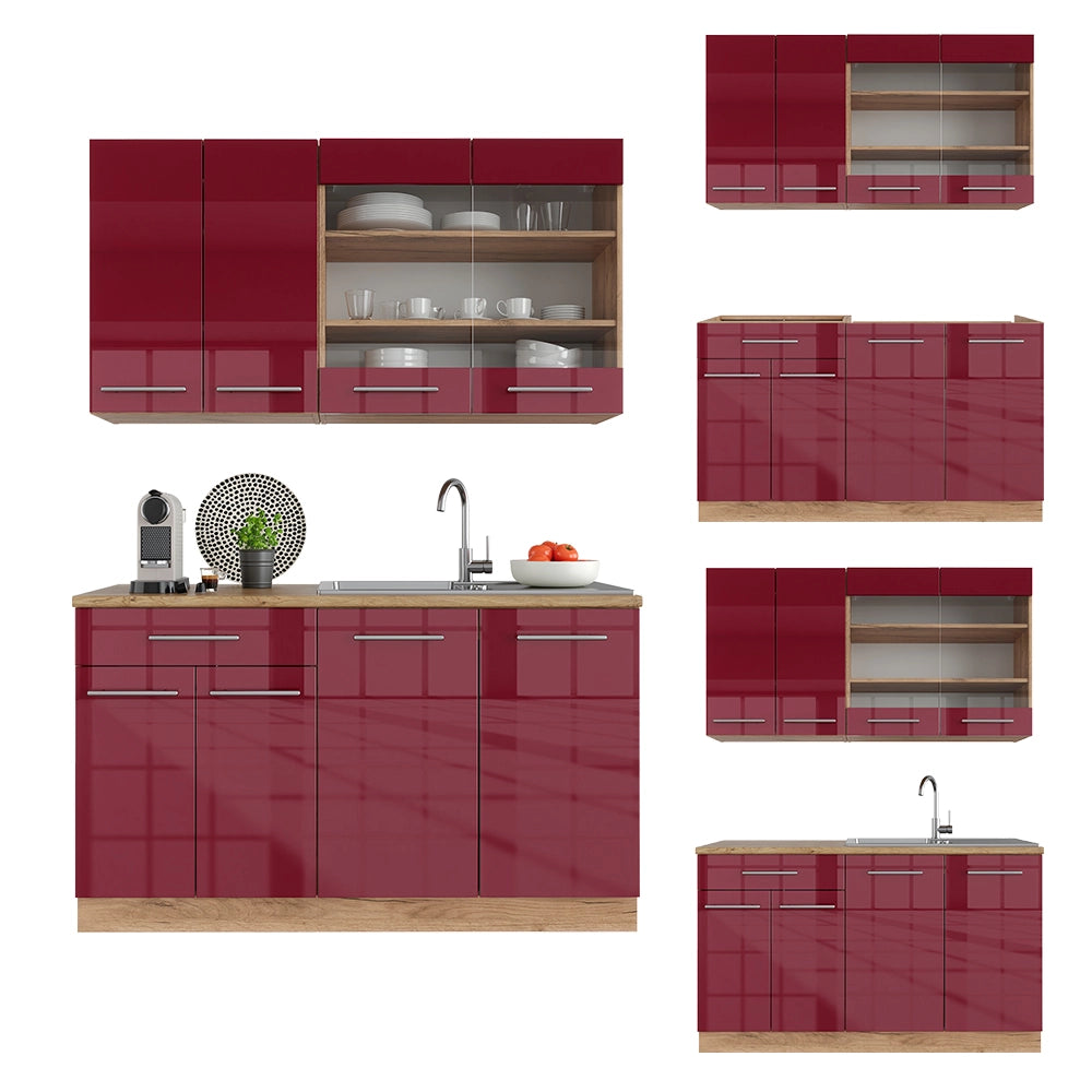Cucina completa Fame-Line Bordeaux lucido/Rovere dorato 140 cm, PL Rovere Vicco