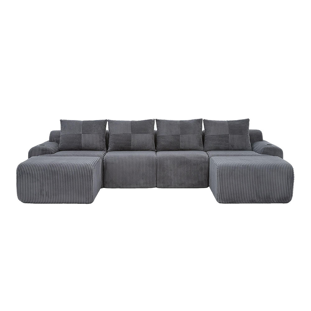 Canap¨¦ modulaire in velluto costato per 4 persone - Xylo - 2 sgabelli, porta-bevande, tascone laterale
