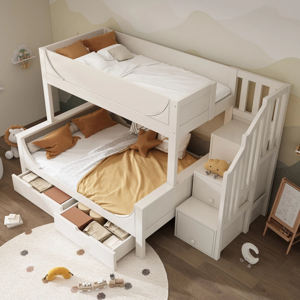 Letto a Castello 90 x 200 cm e 140 x 200 cm; con Cassetti e Scala; in Legno; Bianco