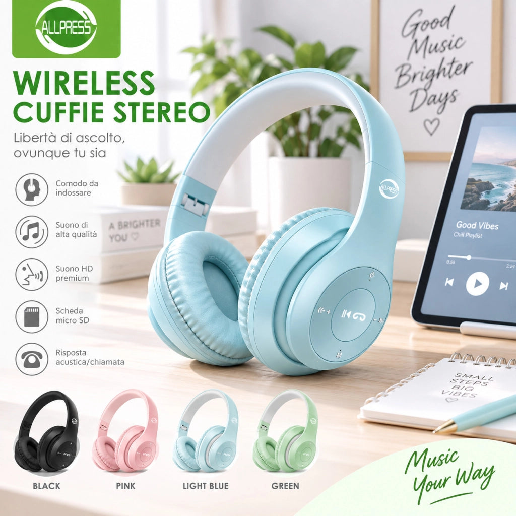 CUFFIE WIRELESS ALLPRESS STEREO MICRO SD MUSICA CHIAMATE OVER EAR AS-08133