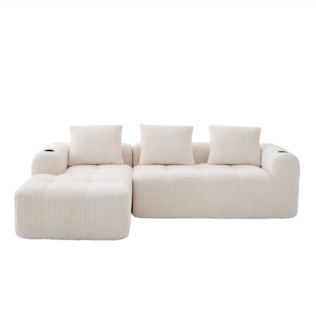 Sofa modulare 253x158x61 cm con sistema DIY; tasche laterali e portabevande in cord beige