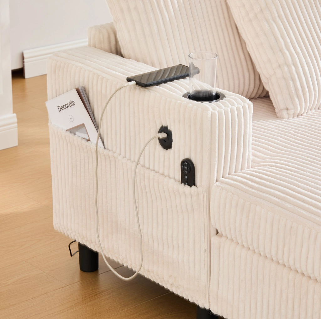 Poltrona relax oversize con LED; porta USB e portabevande; 142×128×85 cm; velluto a coste beige