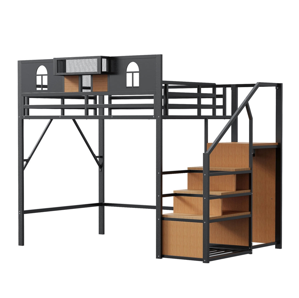 Letto a soppalco in metallo 140x200 cm con scala contenitore; ripiano laterale e colore nero