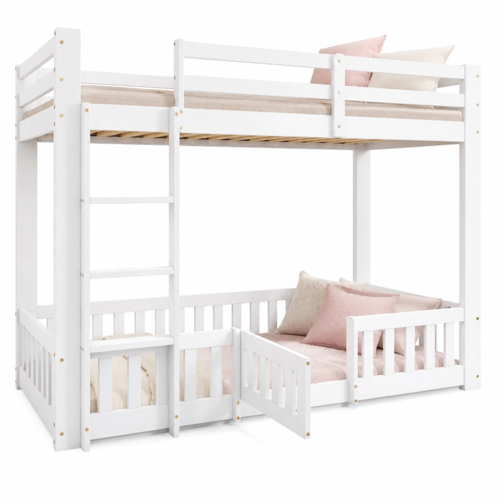 Letto a castello in pino bianco con scala e protezioni 90x200 cm