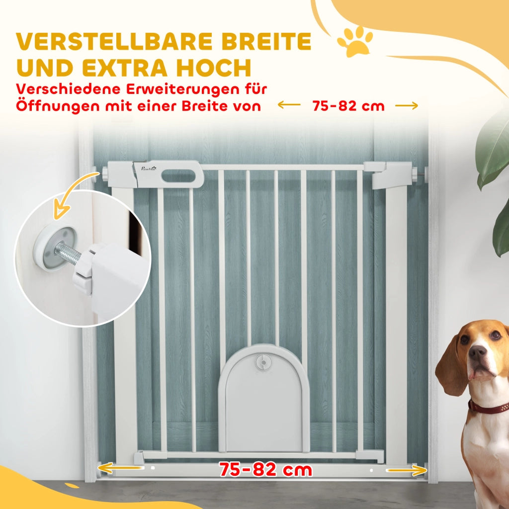 Cancello per Animali Domestici Regolabile con Porticina ¨C Minimal ¨C Bianco, Metallo e Plastica