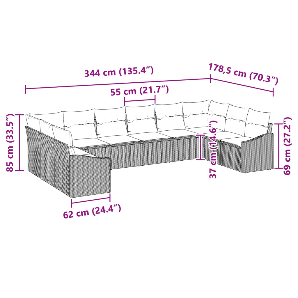 Set da Divano da Giardino da 10 Pezzi con Cuscini Grigi in Rattan Poly