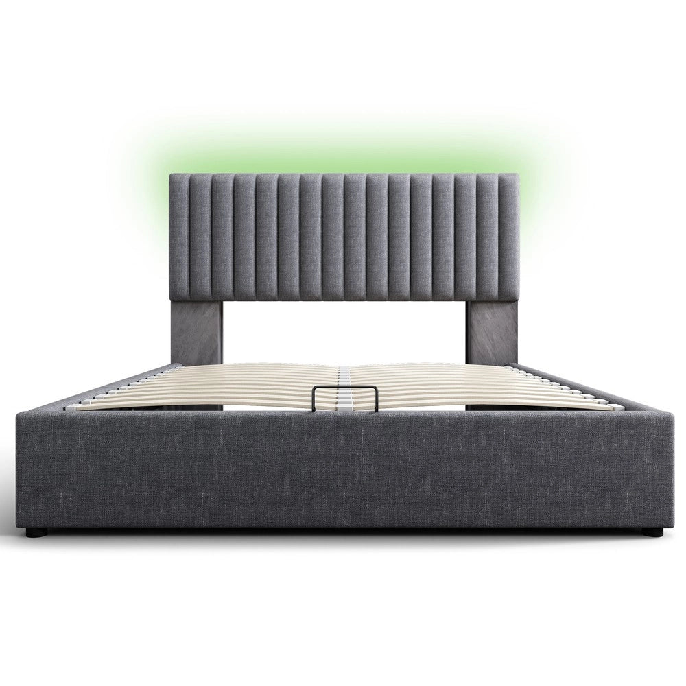 Letto Imbottito Contenitore con LED e USB ¨C MINIMAL ¨C Grigio Velluto 160x200 con Materasso, Rete a Doghe in Legno
