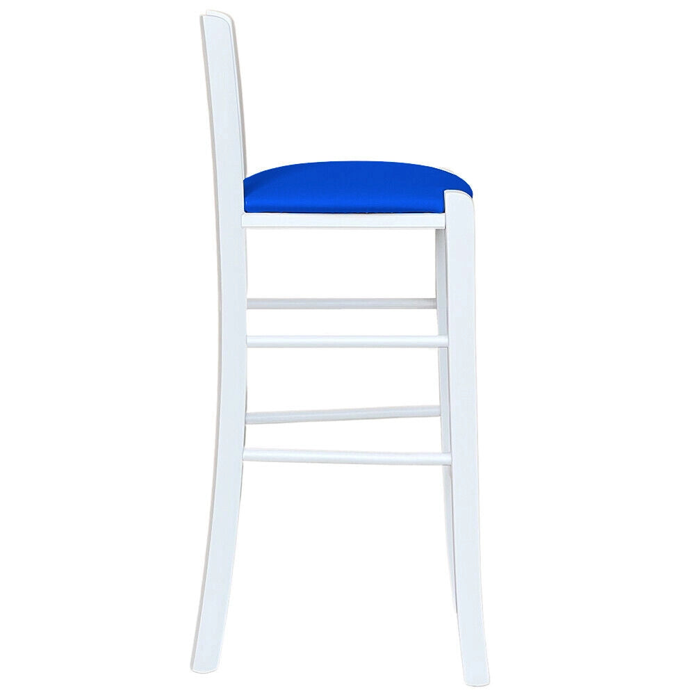 Sgabello legno bianco sedile in similpelle blu h 67 cm da terra alla seduta