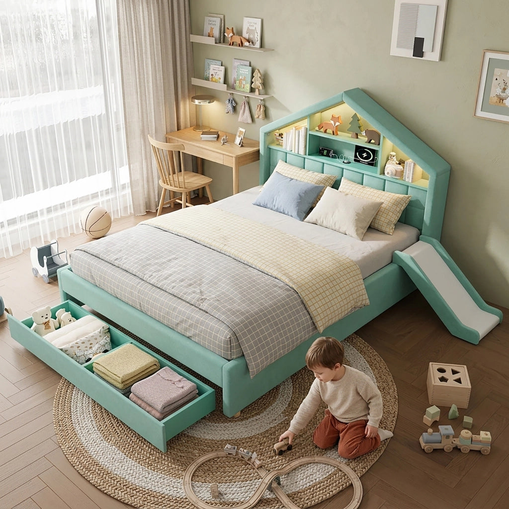 Letto a casetta per bambini 140 × 200 cm con scivolo reversibile, LED e presa, senza materasso, in velluto blu verde