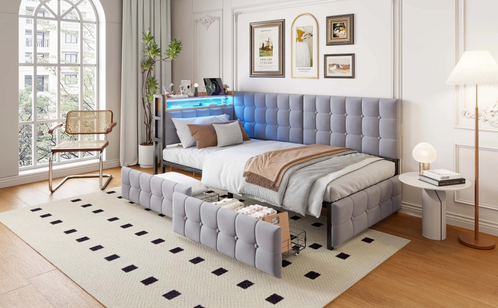 DESMIU Letto divano 90 × 200 cm 1 posto con 2 cassetti, LED, USB e Type-C, senza materasso, grigio