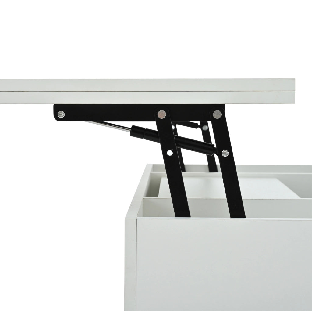 Tavolino da caffè 100x50x51.5 cm con piano sollevabile; vano contenitore e LED; truciolare bianco