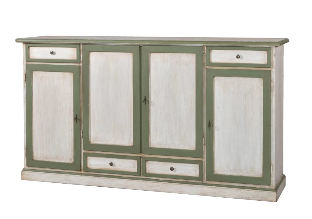 Credenzone in legno laccato bicolore finitura cerato bianco-verde misura l.205 p.49 h.113 - Mobili 2G
