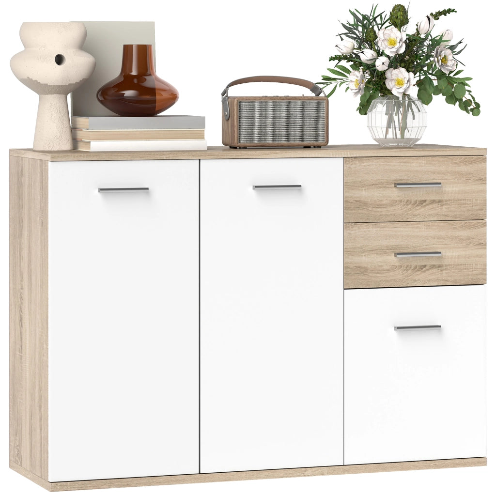 Credenza con 2 cassetti e 3 ante ¨C Xylo ¨C Bianco e legno naturale 106x35x76 cm