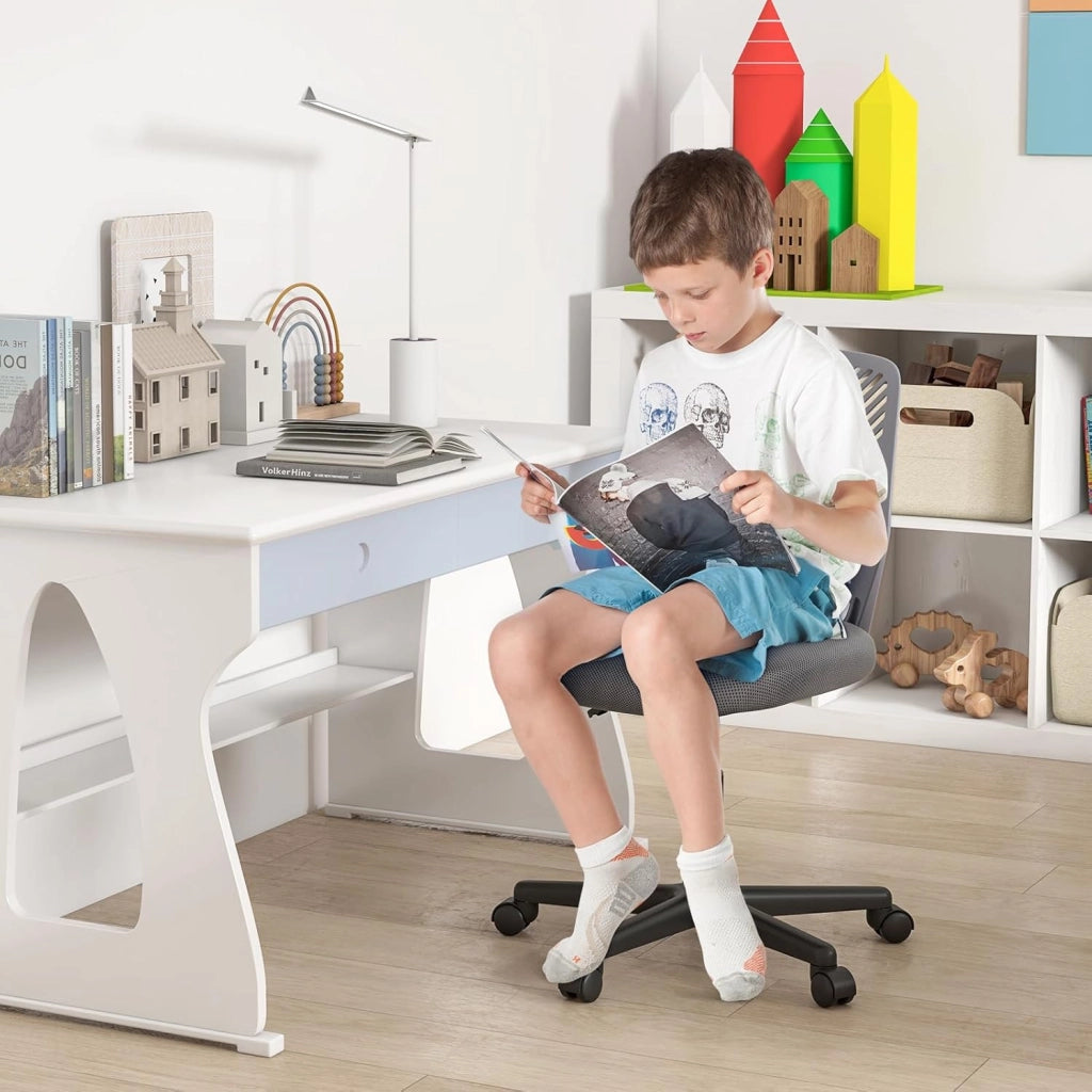 Sedia da scrivania per bambini, graziosa sedia da ufficio con schienale a forma di S e seduta imbottita, sedia da studio girevole senza maniche su ruote, per ragazzi e ragazze (grigio)