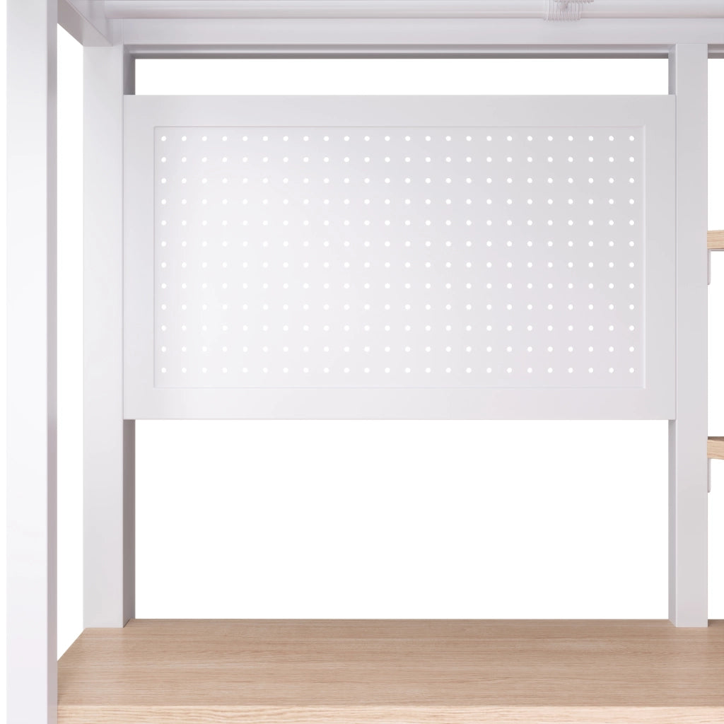Letto a soppalco in metallo 90x200 cm, letto alto matrimoniale con scrivania, pannello forato, scala contenitore, prese USB/USB-C, ripiani e illuminazione LED, bianco