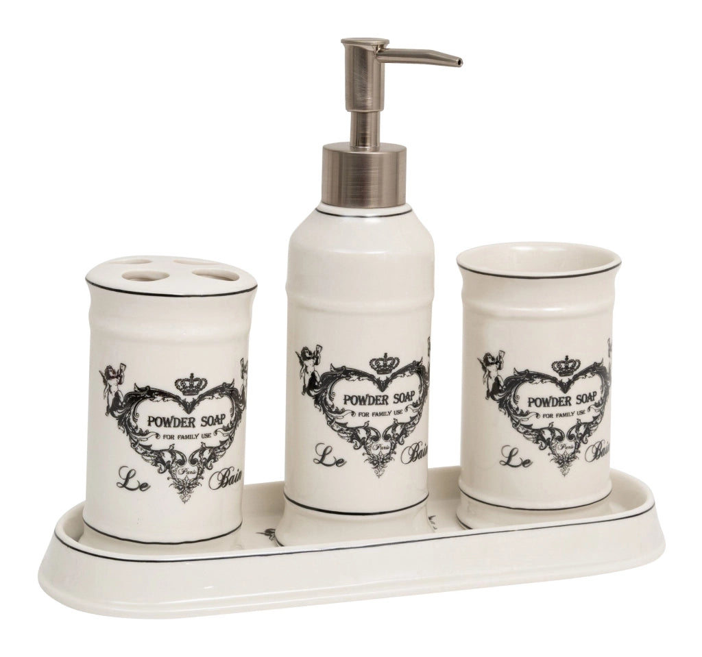 Biscottini Set bagno "Savons Superfines" 4 pezzi in porcellana bianca decorata L25xPR10xH21 cm