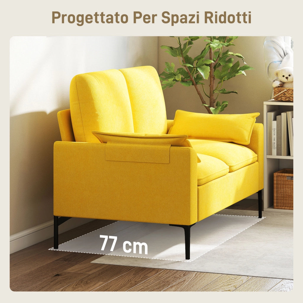 Divano 2 Posti Moderno con Cuscini e Rivestimento in Tessuto Spugna, 130x77x84 cm, Giallo